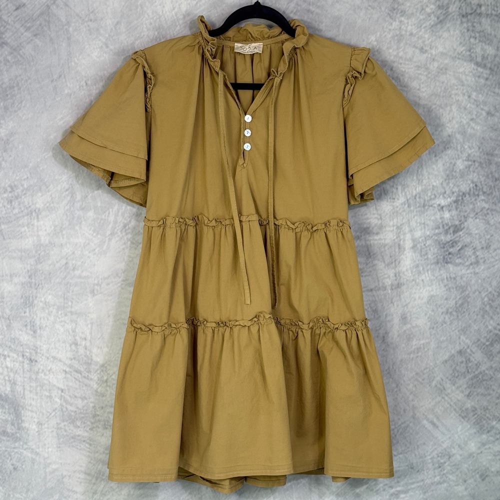 Sofia Italy Tiered Babydoll Dress Womens‎ sz M Tan Cottagecore festival coquette